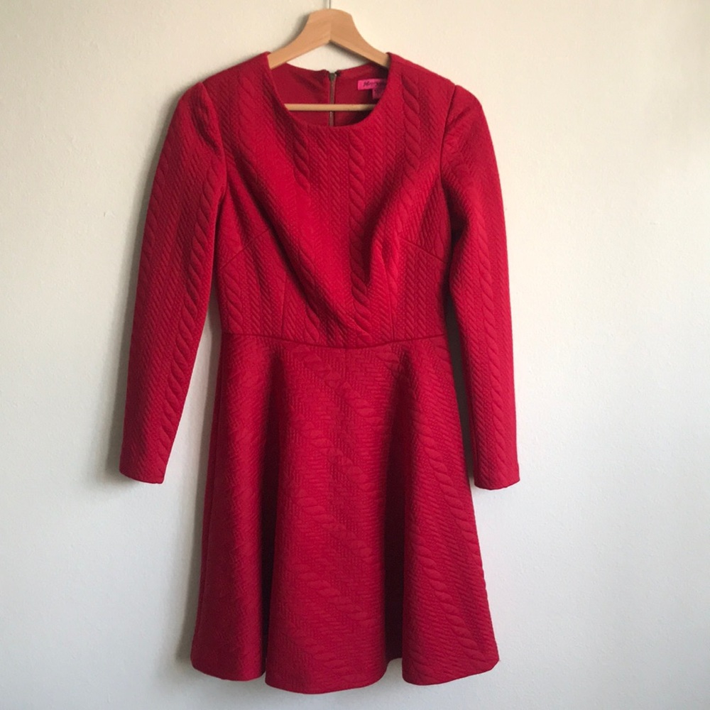 Betsey Johnson Red Long Sleeve Quilted Faux Cable Fit and Flare Dress Size 4